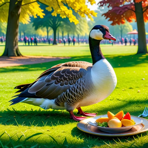 Foto de una comida de un ganso en el parque