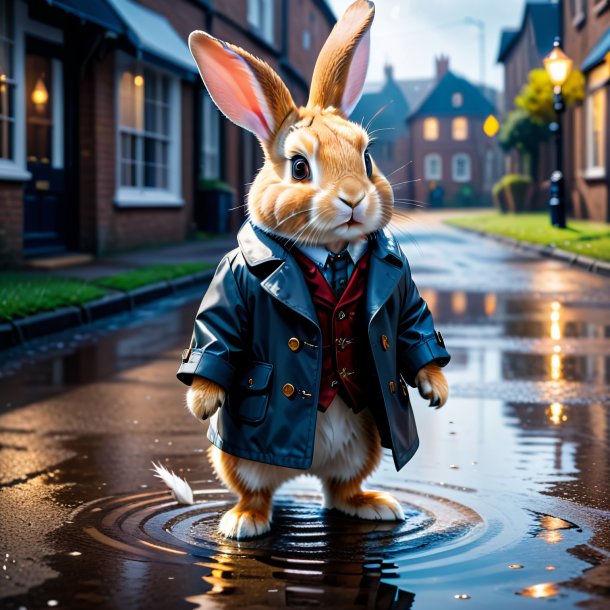 Image of a rabbit in a coat in the puddle