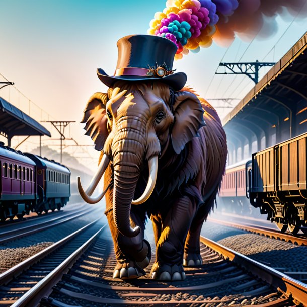 Picture of a mammoth in a hat on the railway tracks