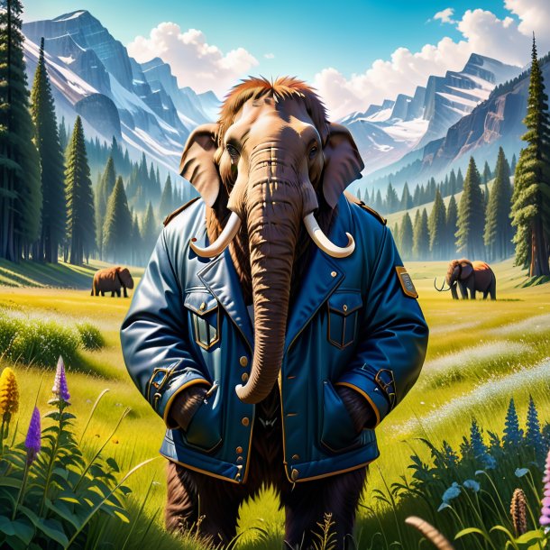 Photo of a mammoth in a jacket in the meadow