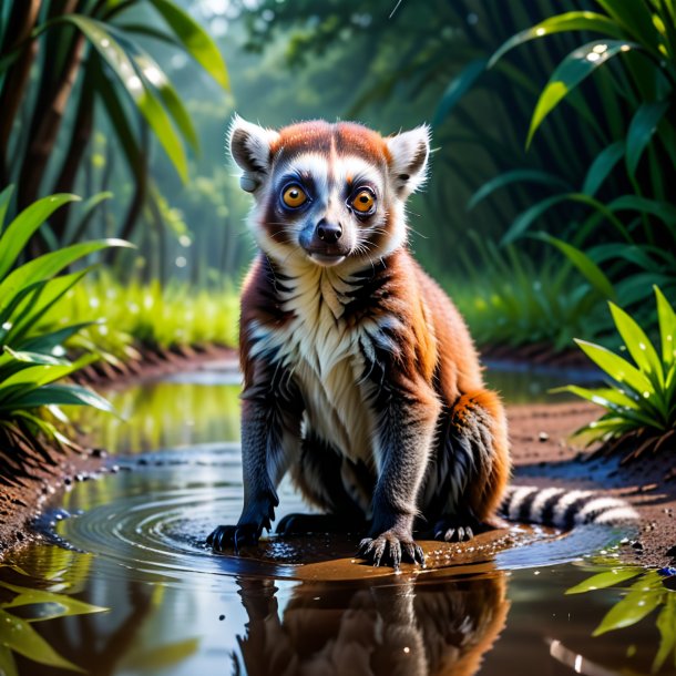 Foto de una amenaza de un lémur en el charco