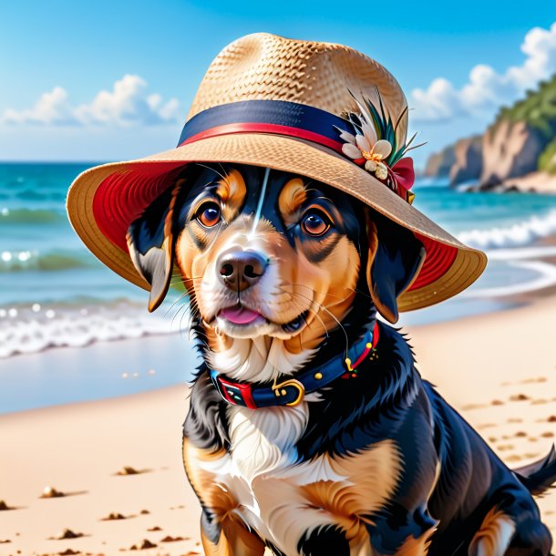 Retrato de um cão em um chapéu na praia