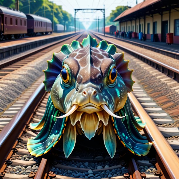 Drawing of a cuttlefish in a vest on the railway tracks