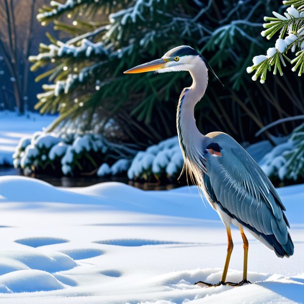 Image of a waiting of a heron in the snow