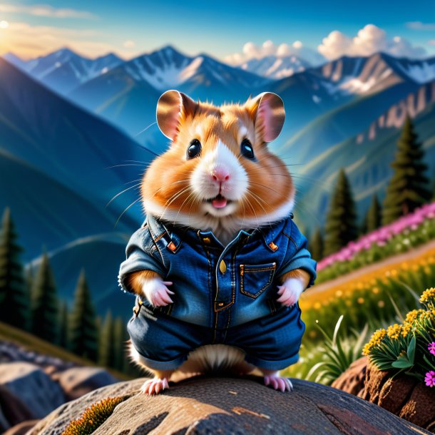 Image of a hamster in a jeans in the mountains