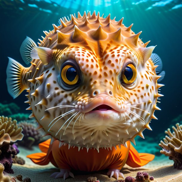 Pic of a pufferfish in a orange dress