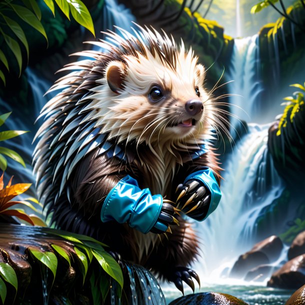 Image of a porcupine in a gloves in the waterfall