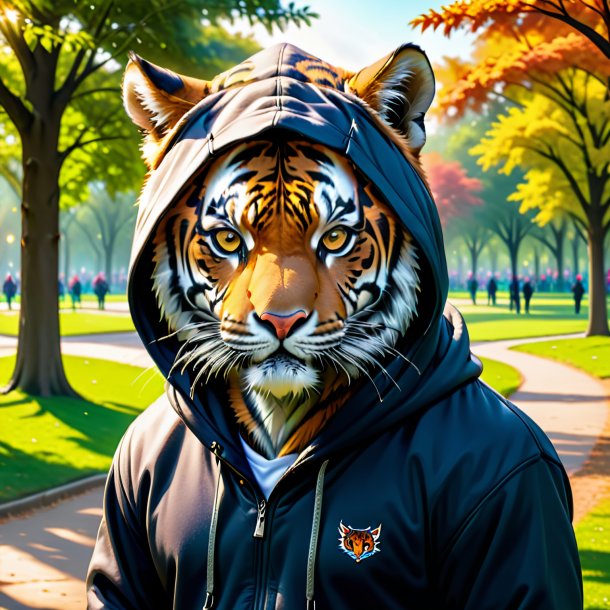 Image of a tiger in a hoodie in the park