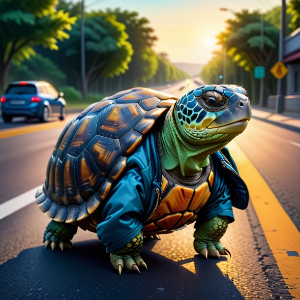 Illustration d'une tortue dans une veste sur la route