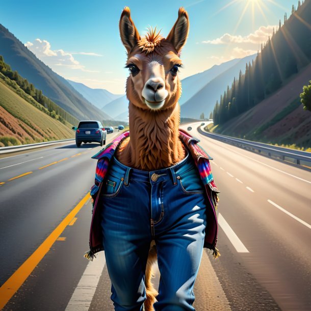 Drawing of a llama in a jeans on the highway