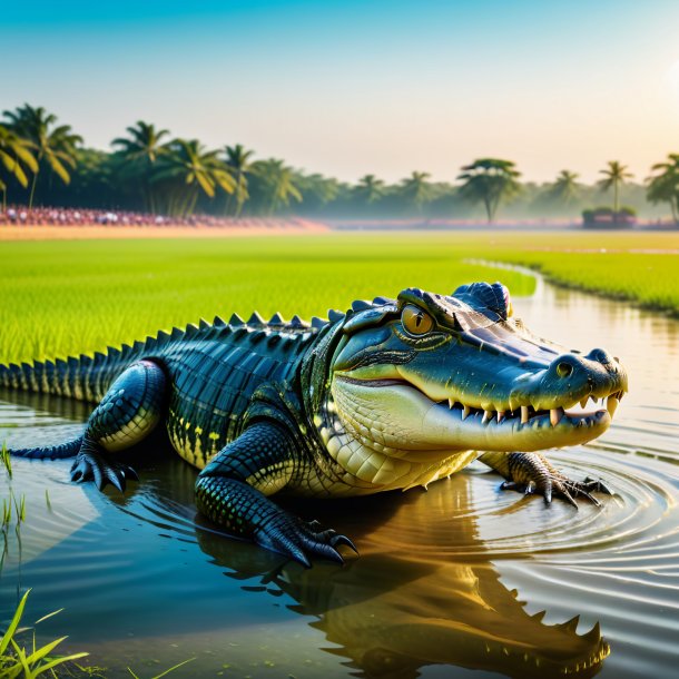 Uma foto de uma natação de um crocodilo no campo