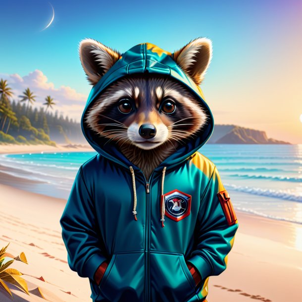 Desenho de um guaxinim em um hoodie na praia