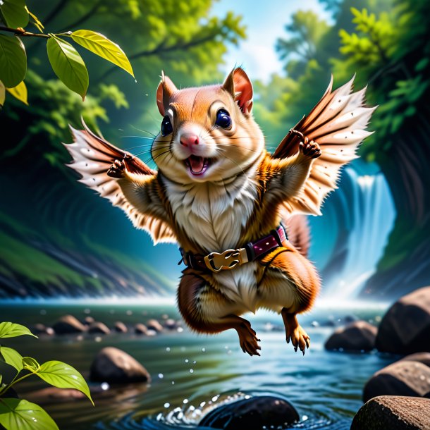 Image of a flying squirrel in a belt in the river