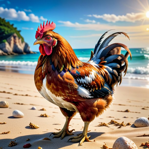 Photo d'une poule en colère sur la plage