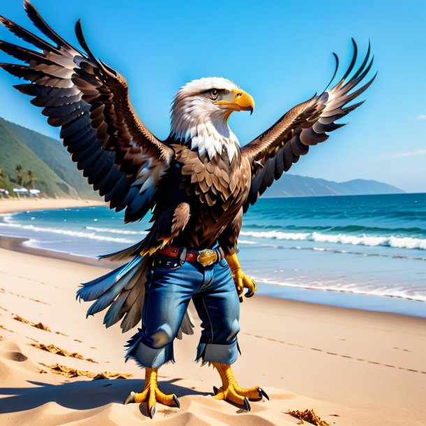 Foto de un águila en jeans en la playa