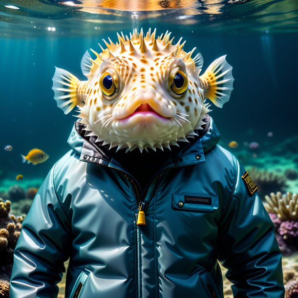 Foto de un pez globo en una chaqueta en el agua