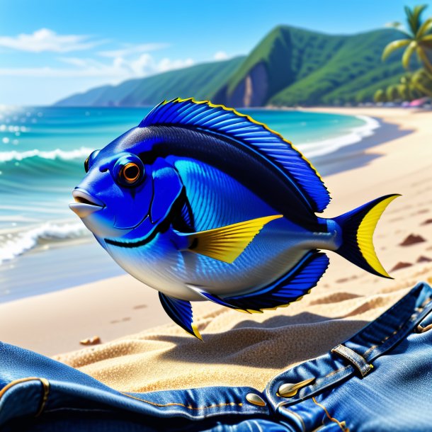 Drawing of a blue tang in a jeans on the beach