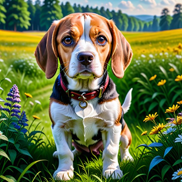 Imagem de um beagle em uma luvas no prado