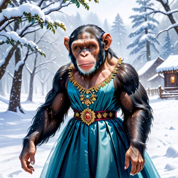 Drawing of a chimpanzee in a dress in the snow