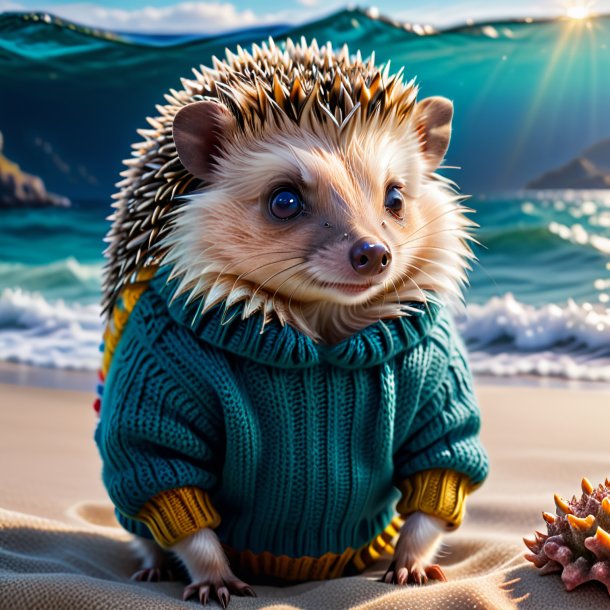 Picture of a hedgehog in a sweater in the sea