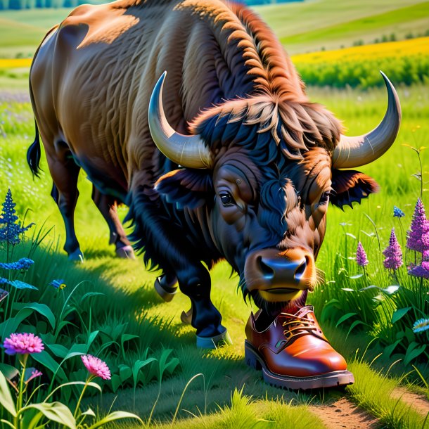 Photo of a buffalo in a shoes in the meadow