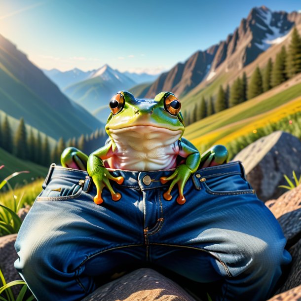 Pic of a frog in a jeans in the mountains