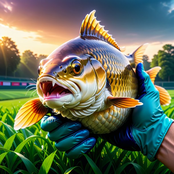 Pic of a carp in a gloves on the field