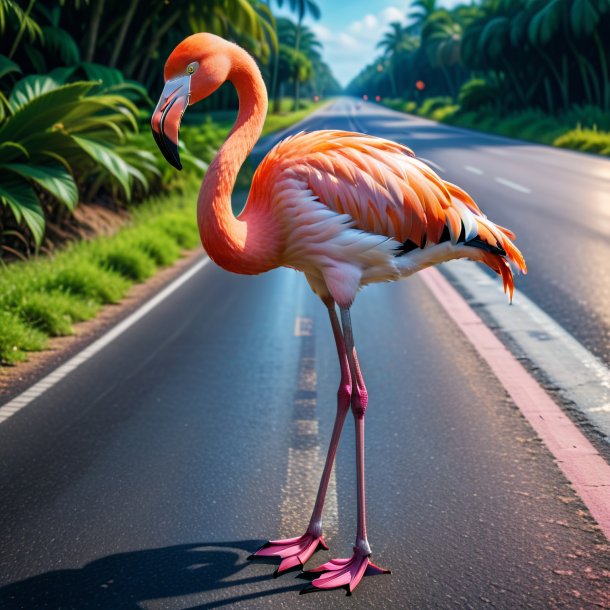 Picture of a smiling of a flamingo on the road