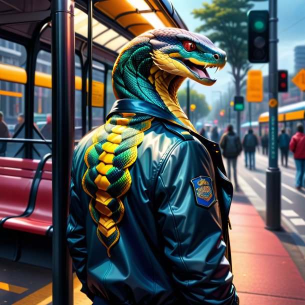 Drawing of a cobra in a jacket on the bus stop