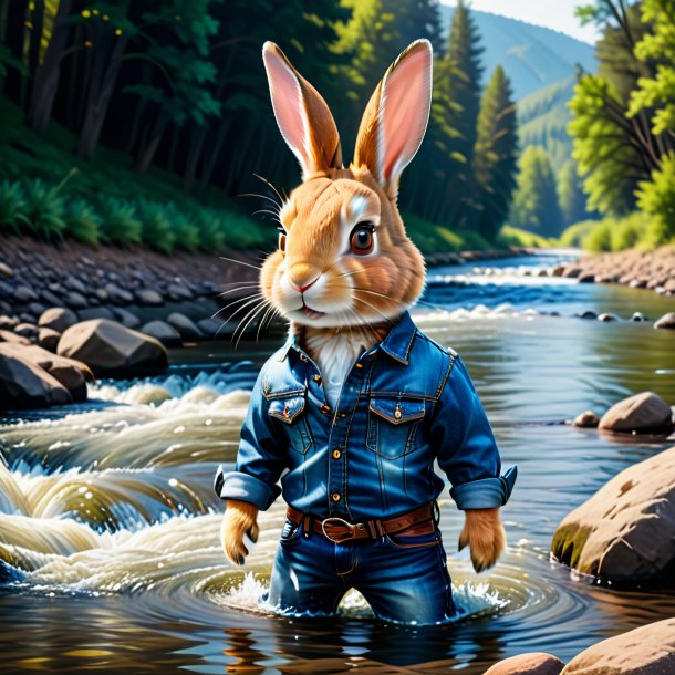 Foto de un conejo en un jeans en el río