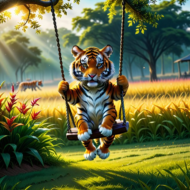 Image of a swinging on a swing of a tiger on the field