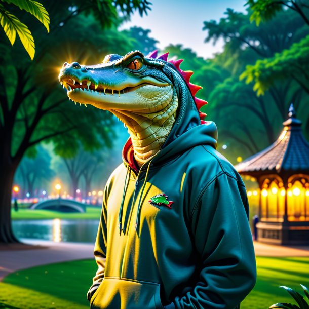 Foto de um crocodilo em um hoodie no parque