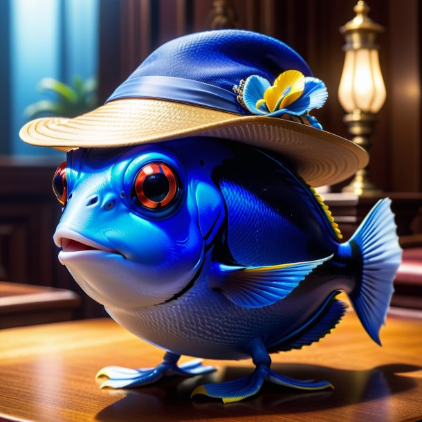 Pic of a blue tang in a hat in the house