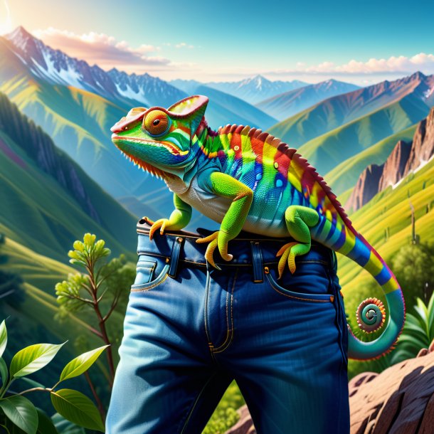 Drawing of a chameleon in a jeans in the mountains