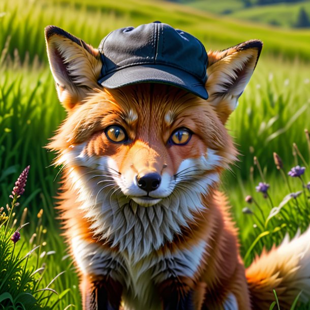 Pic d'un renard dans une casquette dans la prairie