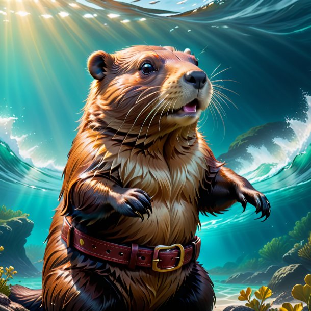 Drawing of a beaver in a belt in the sea