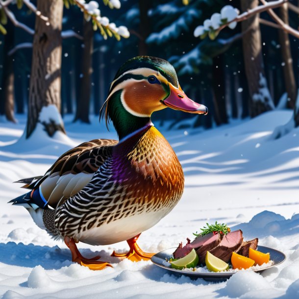 Imagen de un comer de un pato en la nieve