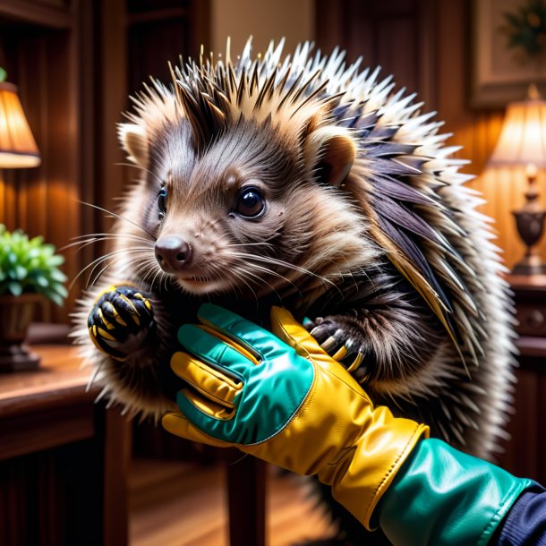 Photo of a porcupine in a gloves in the house