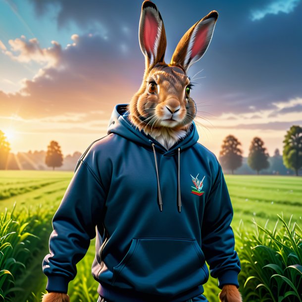 Foto de uma lebre em um hoodie no campo