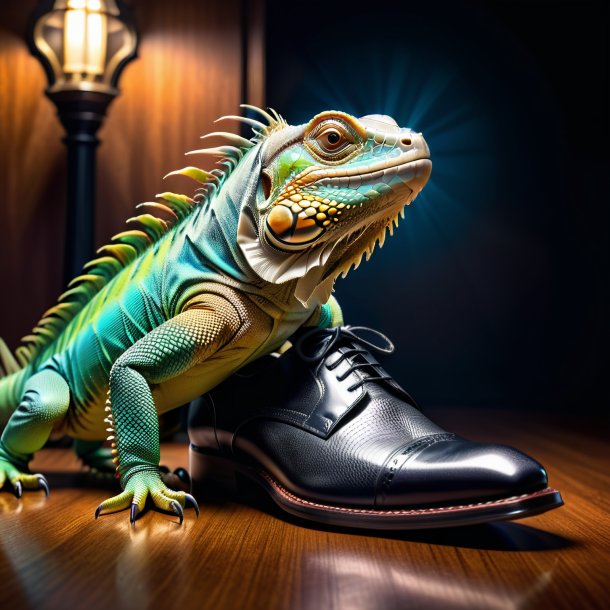 Image of a iguana in a black shoes