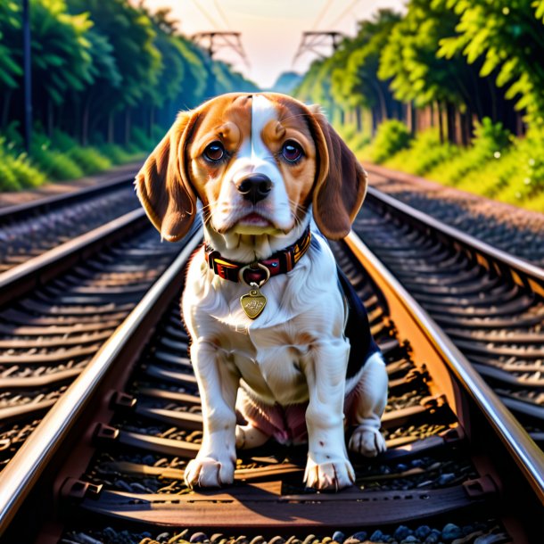 Picture of a beagle in a belt on the railway tracks