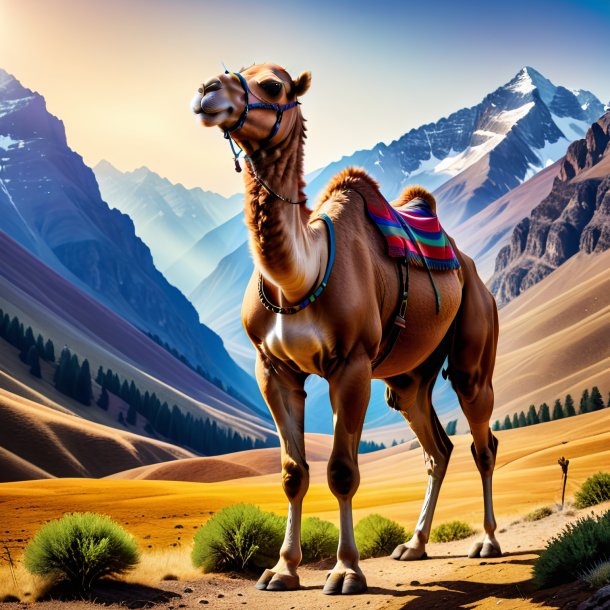 Image of a camel in a trousers in the mountains