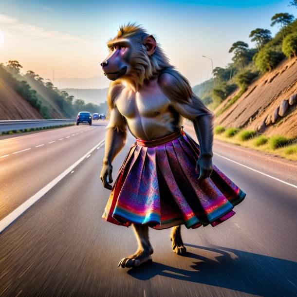 Photo of a baboon in a skirt on the highway