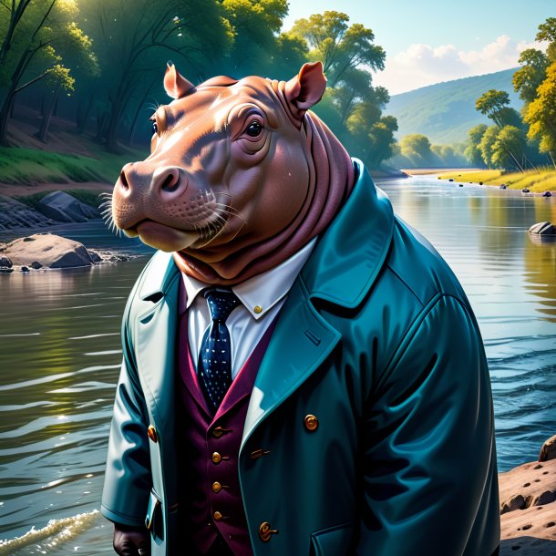 Illustration of a hippopotamus in a coat in the river