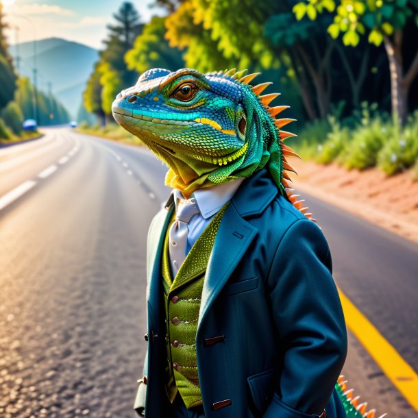 Picture of a lizard in a coat on the road