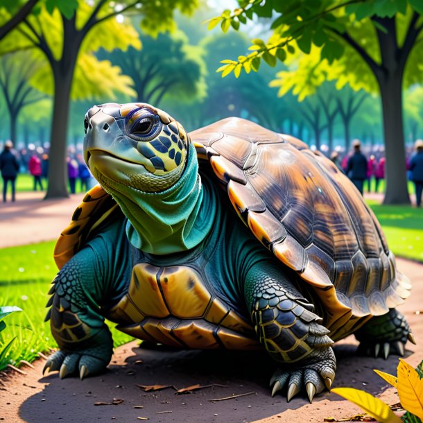 Foto de uma tartaruga em um casaco no parque