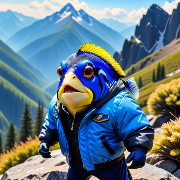 Pic of a blue tang in a jacket in the mountains