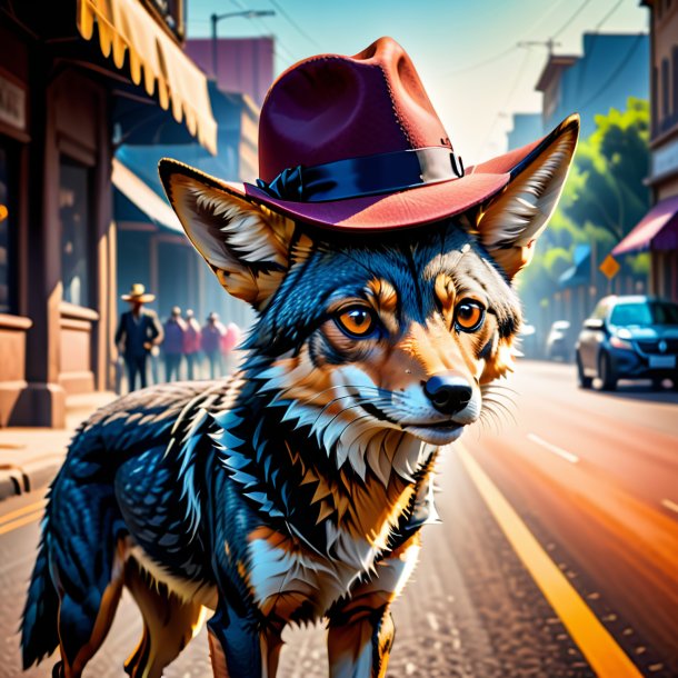 Picture of a jackal in a hat on the road