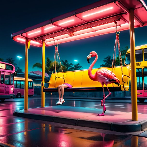 Uma foto de um balanço em um balanço de um flamingo no ponto de ônibus