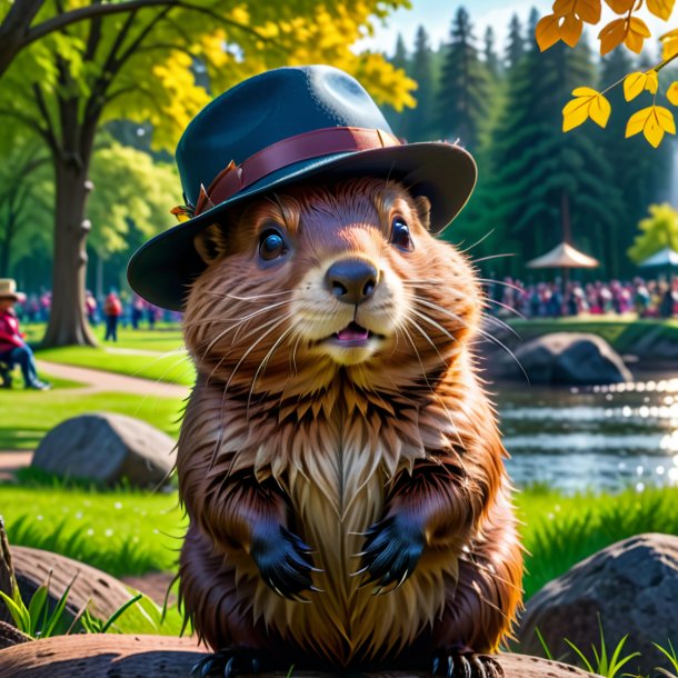 Pic of a beaver in a hat in the park